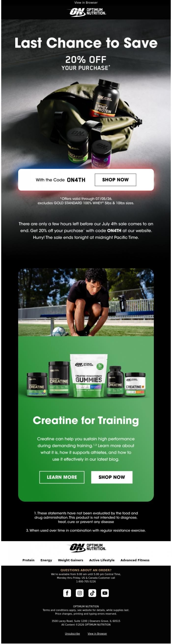Email Design Inspiration from Optimum Nutrition, Last Chance Save 20% off almost everything 🇺🇸