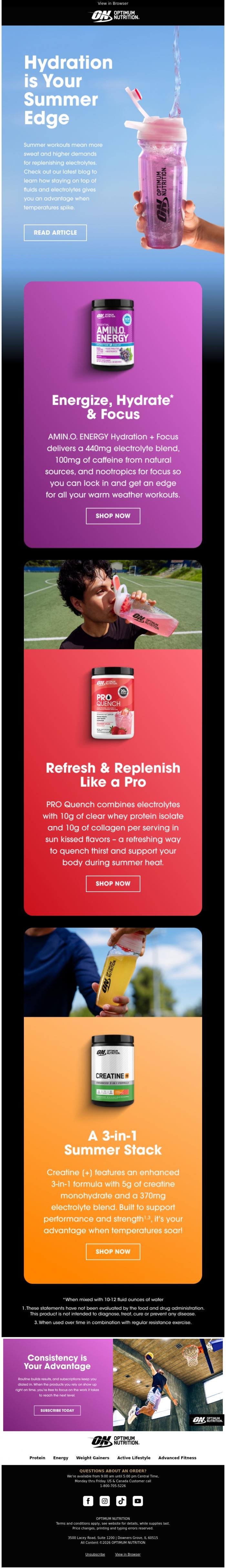 Email Design Inspiration from Optimum Nutrition, Hydrate for a Summer Edge 💧