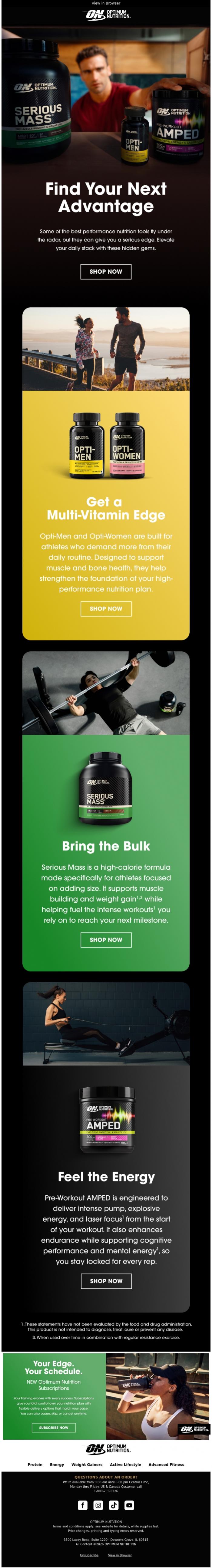 Email Design Inspiration from Optimum Nutrition, Find Your Next Advantage 📈 