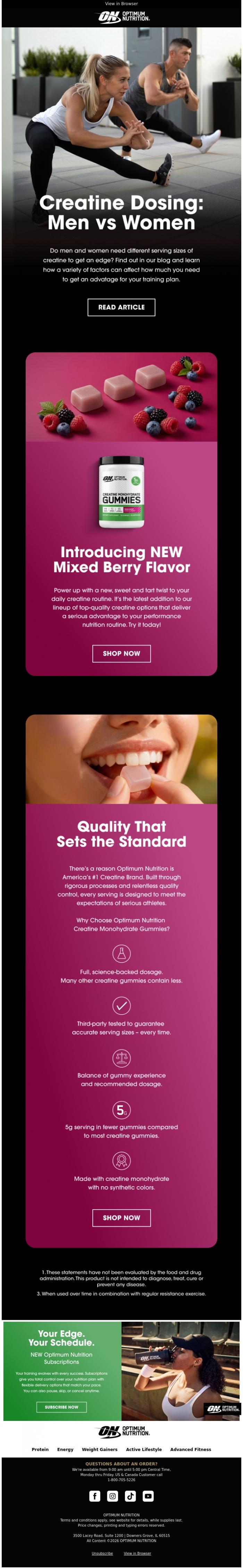 Email Design Inspiration from Optimum Nutrition, Creatine Dosing: Men vs Women 🧔♂️👩 