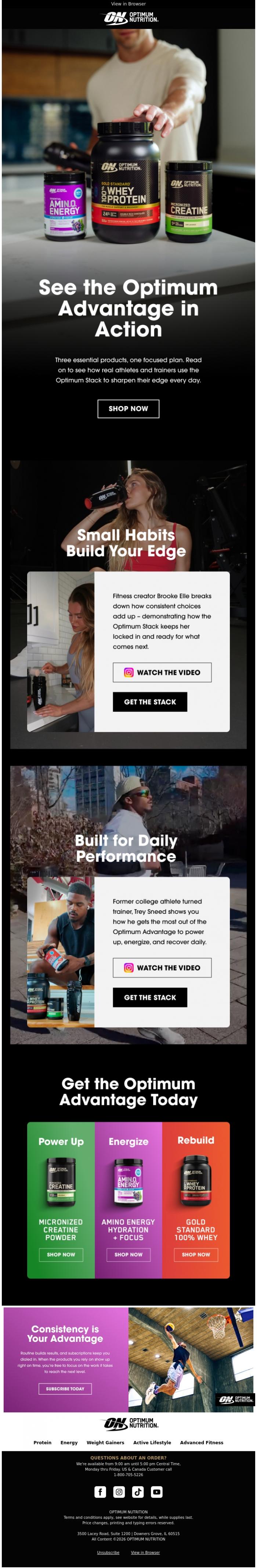 Email Design Inspiration from Optimum Nutrition, See the Optimum Advantage in Action 🎥 