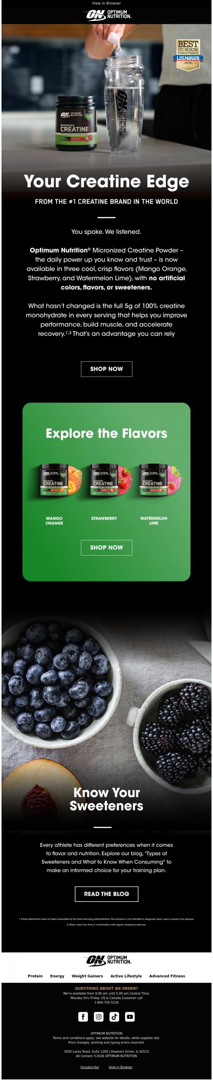 Email Design Inspiration from Optimum Nutrition, Your Creatine Has a New Edge