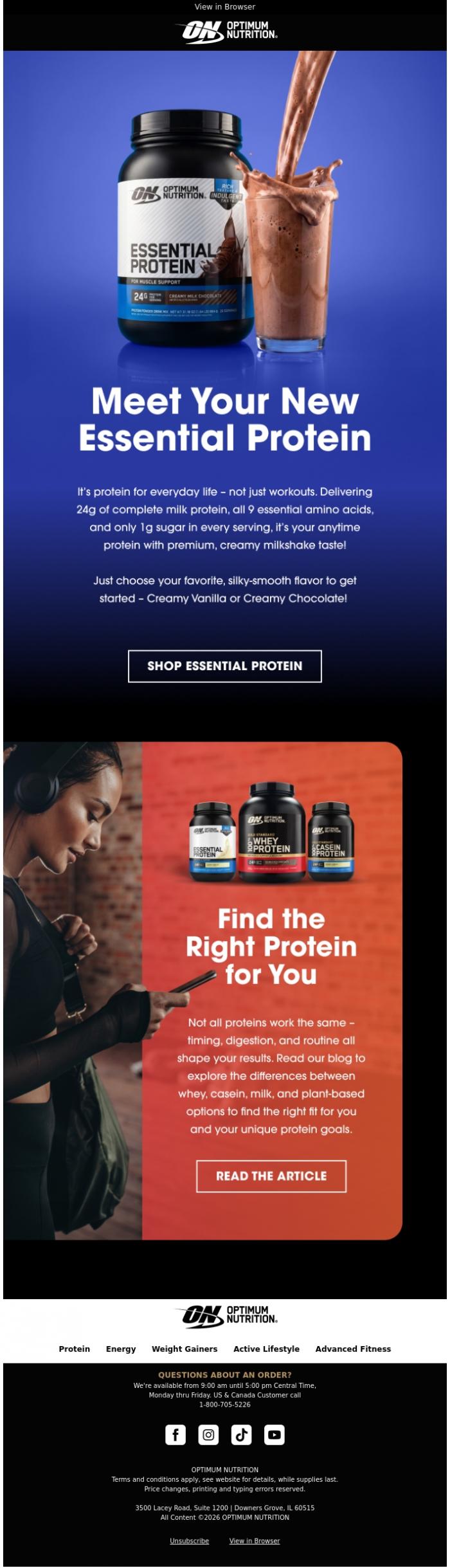 Email Design Inspiration from Optimum Nutrition, Meet the New Essential Protein! 🤝 
