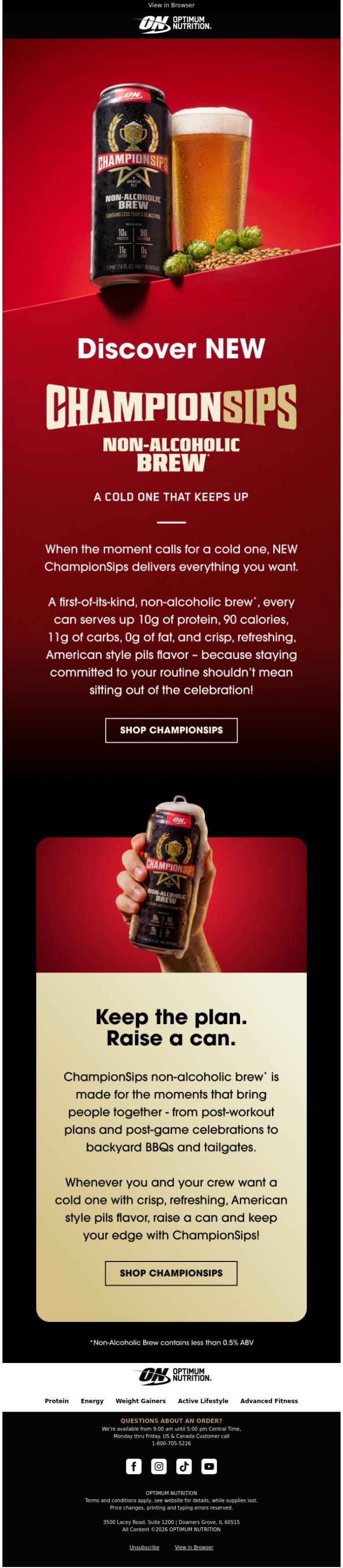 Email Design Inspiration from Optimum Nutrition, Discover NEW ChampionSips N/A Brew!*