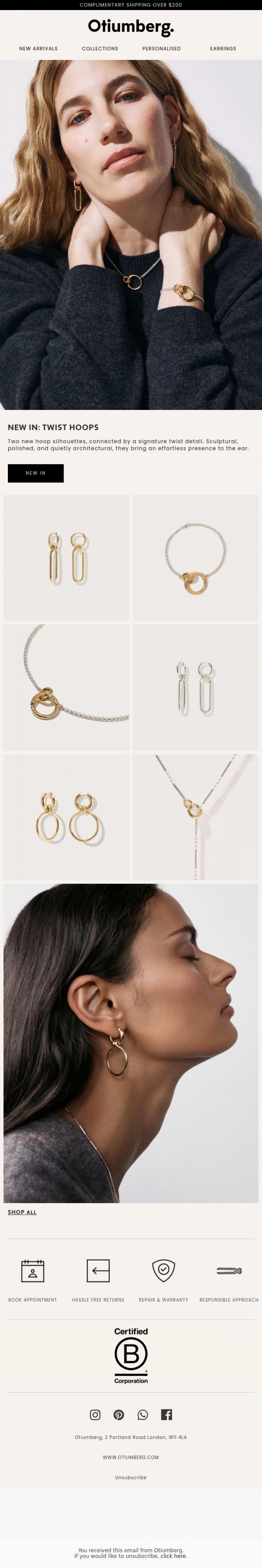 Email Design Inspiration from Otiumberg, NEW ARRIVALS: TWIST HOOPS