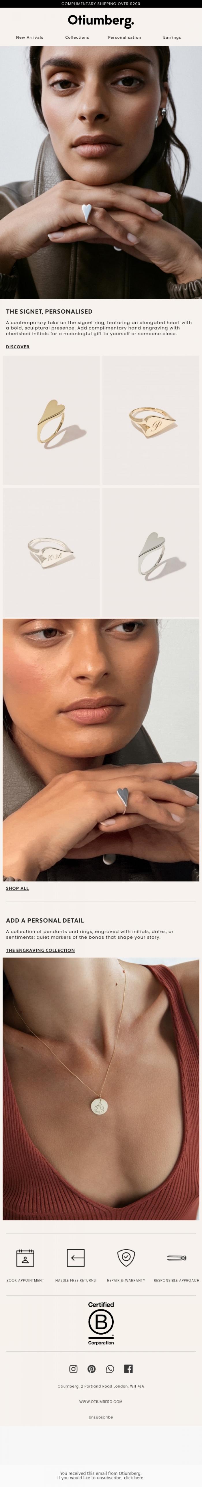 Email Design Inspiration from Otiumberg, Introducing: Engravable Heart Signet Rings