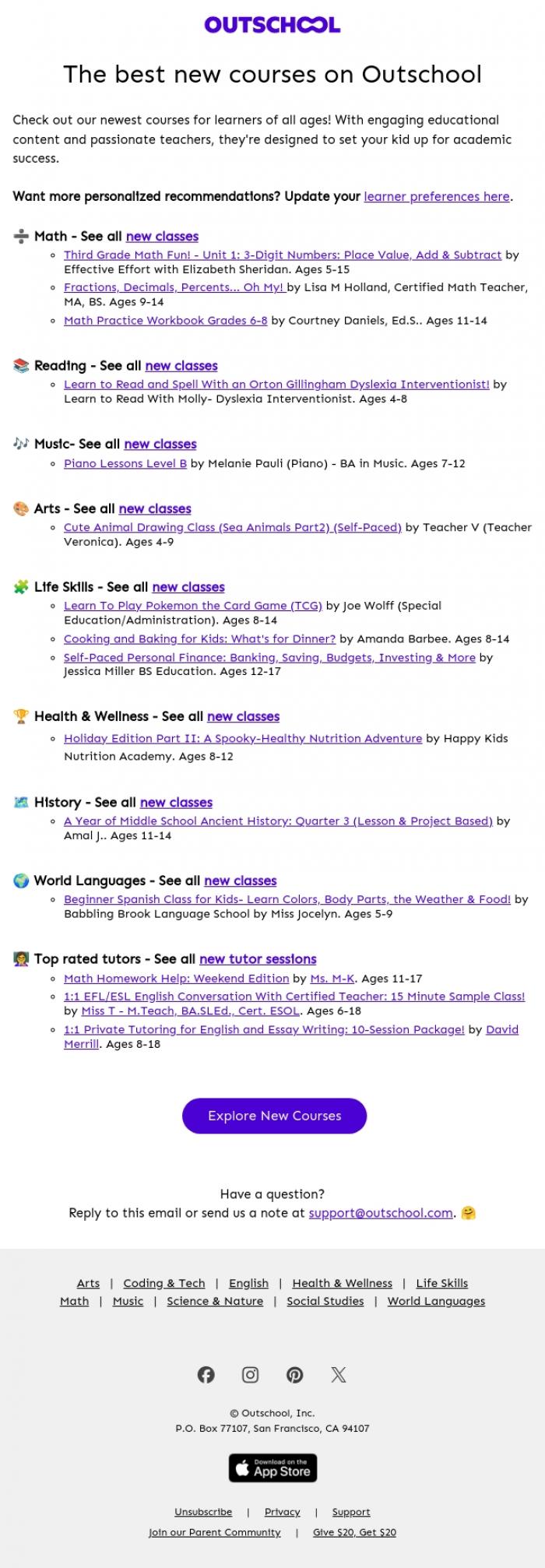 Email Design Inspiration from Outschool, NEW academic courses are in! 🆕📚🧪📐