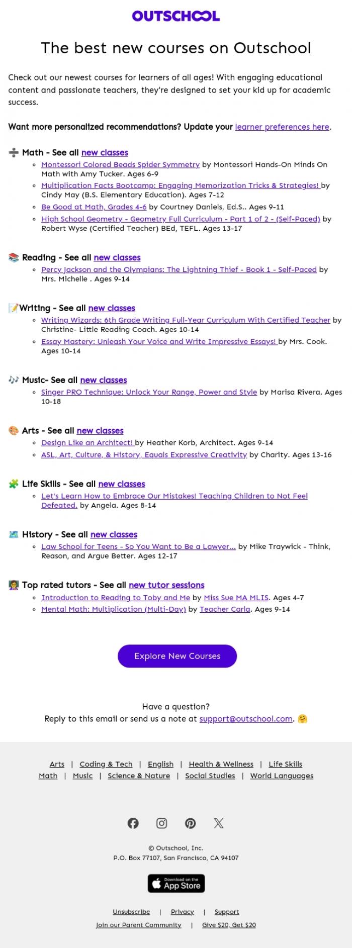 Email Design Inspiration from Outschool, NEW academic courses are in! 🆕📚🧪📐
