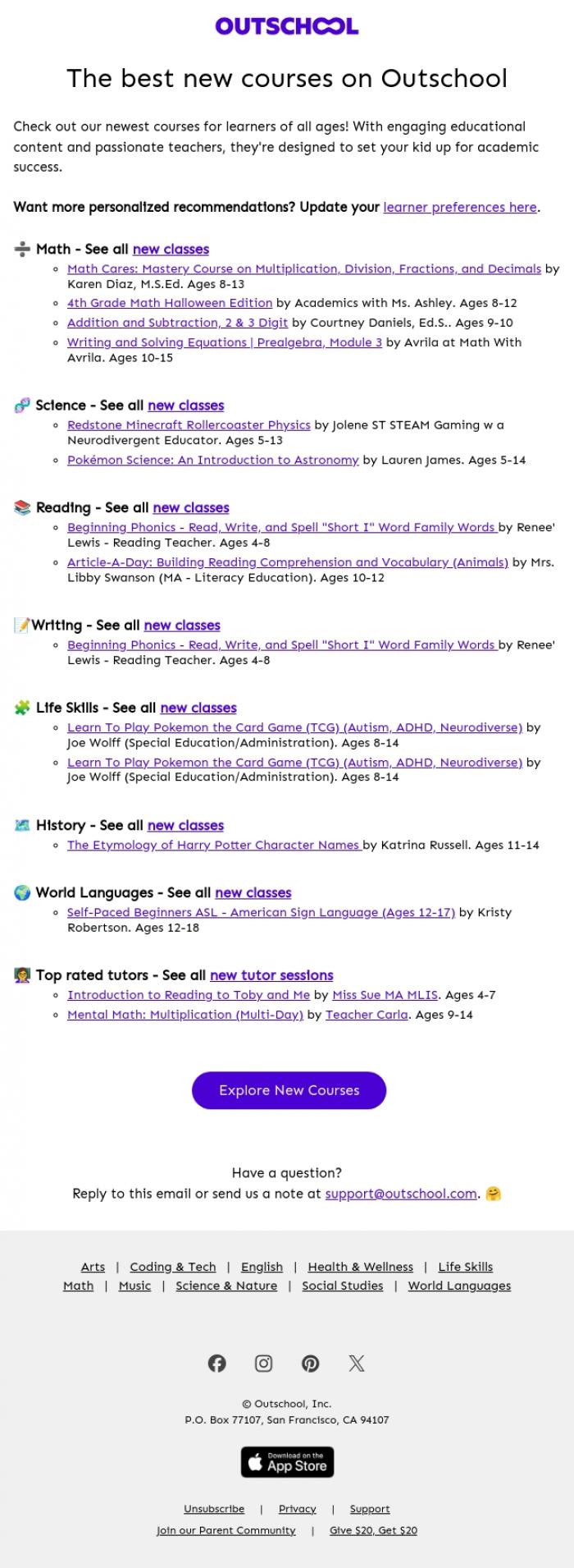 Email Design Inspiration from Outschool, NEW academic courses are in! 🆕📚🧪📐