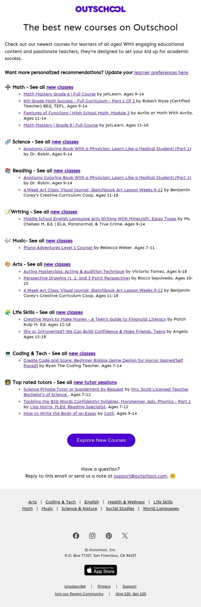 Email Design Inspiration from Outschool, NEW academic courses are in! 🆕📚🧪📐