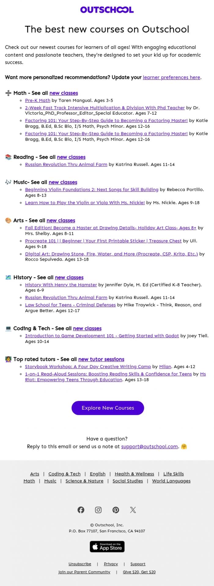 Email Design Inspiration from Outschool, NEW academic courses are in! 🆕📚🧪📐