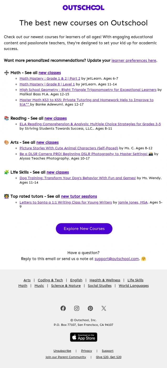 Email Design Inspiration from Outschool, NEW academic courses are in! 🆕📚🧪📐