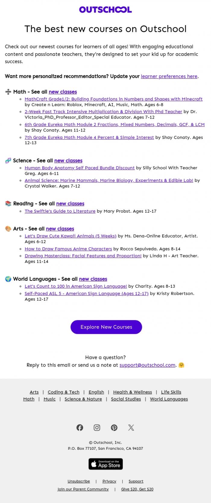 Email Design Inspiration from Outschool, NEW academic courses are in! 🆕📚🧪📐