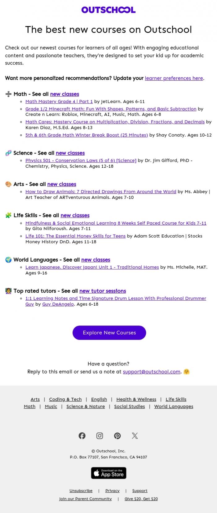 Email Design Inspiration from Outschool, NEW academic courses are in! 🆕📚🧪📐