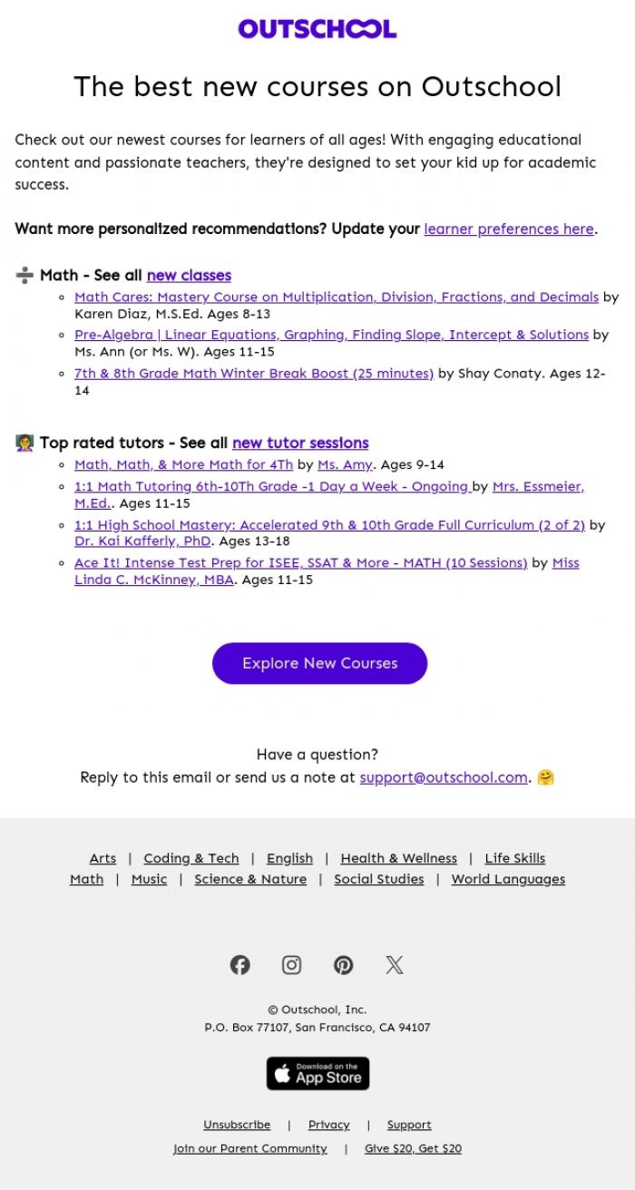 Email Design Inspiration from Outschool, NEW academic courses are in! 🆕📚🧪📐