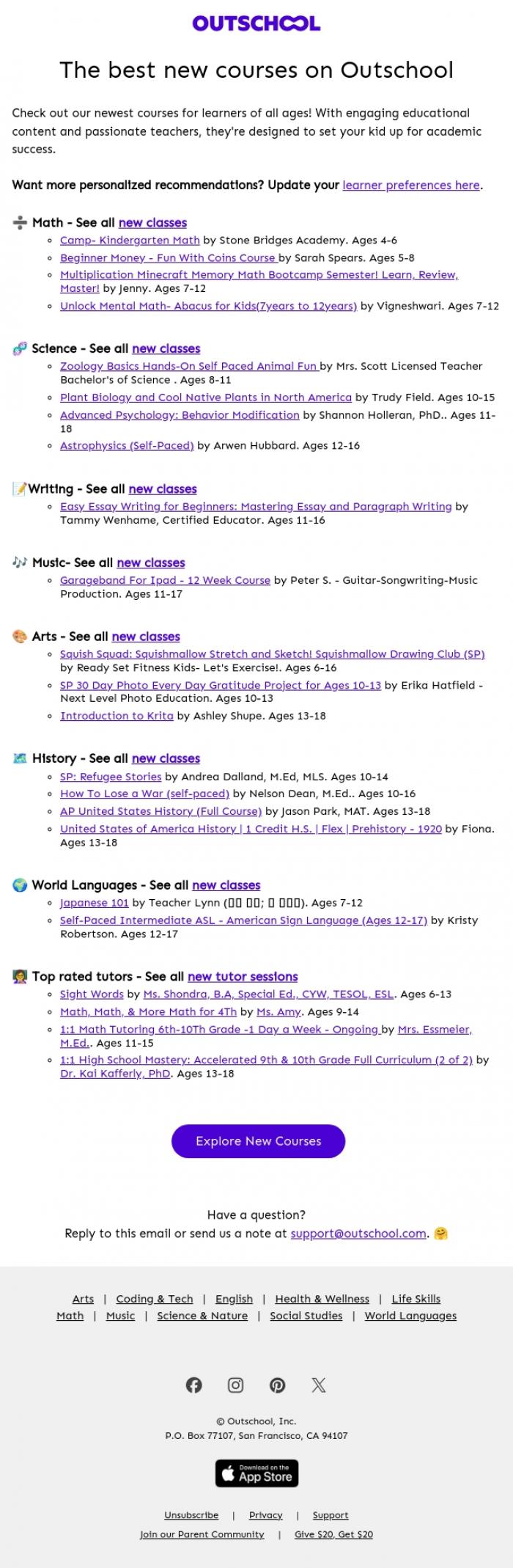 Email Design Inspiration from Outschool, NEW academic courses are in! 🆕📚🧪📐