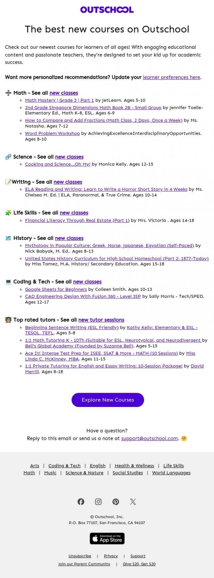 Email Design Inspiration from Outschool, NEW academic courses are in! 🆕📚🧪📐