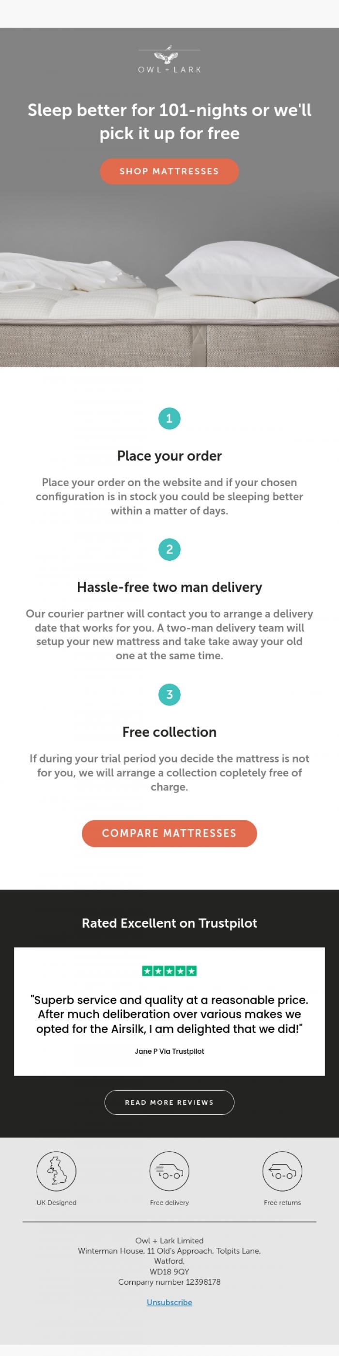Email Design Inspiration from Owl + Lark, Sleep better for 101 nights or we'll pick it up for free