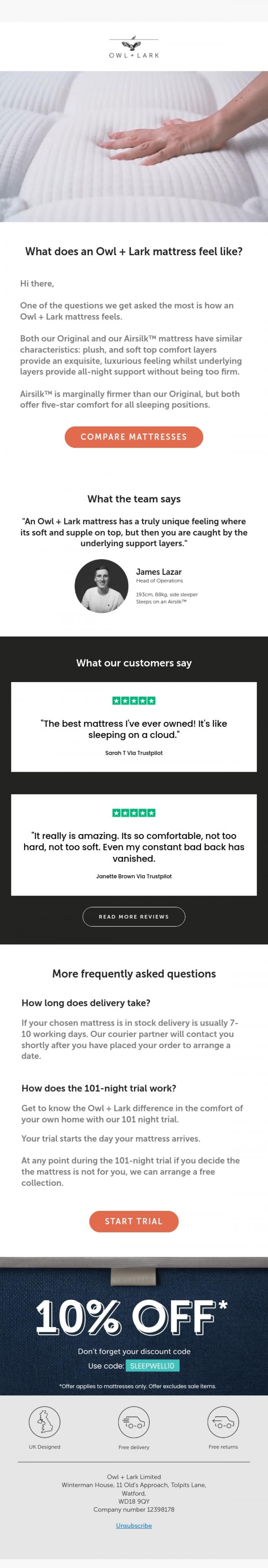 Email Design Inspiration from Owl + Lark, What does an O+L mattress feel like?