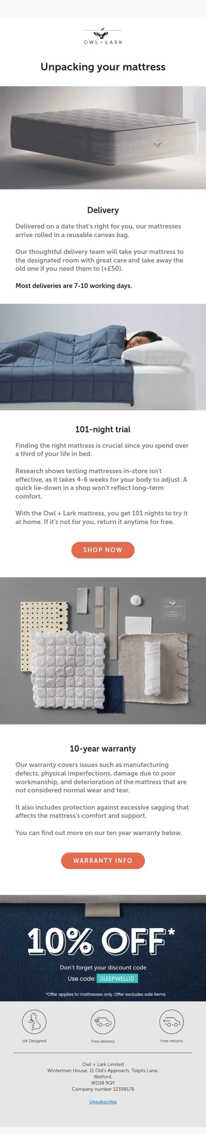 Email Design Inspiration from Owl + Lark, Unpacking your mattress