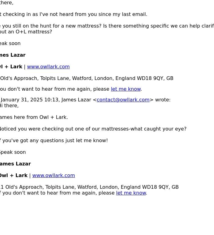 Email Design Inspiration from Owl + Lark, Re: Checking in from Owl + Lark - How can I help?