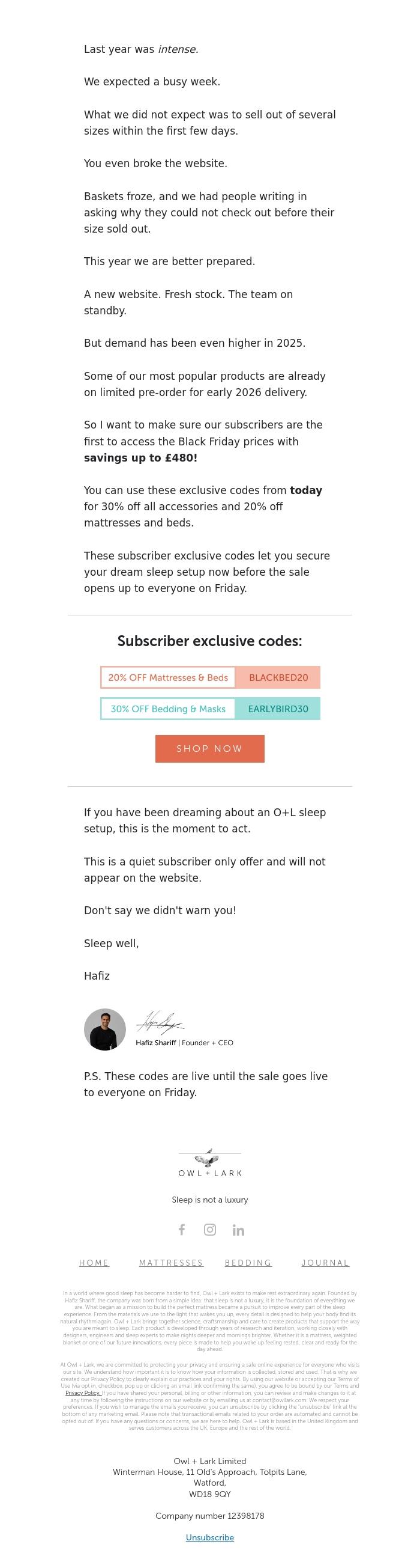 Email Design Inspiration from Owl + Lark, Your early access starts now