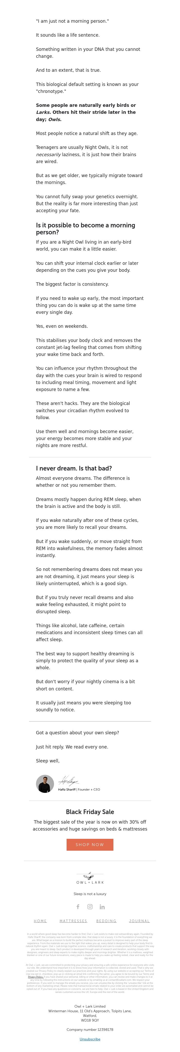 Email Design Inspiration from Owl + Lark, Becoming a morning person