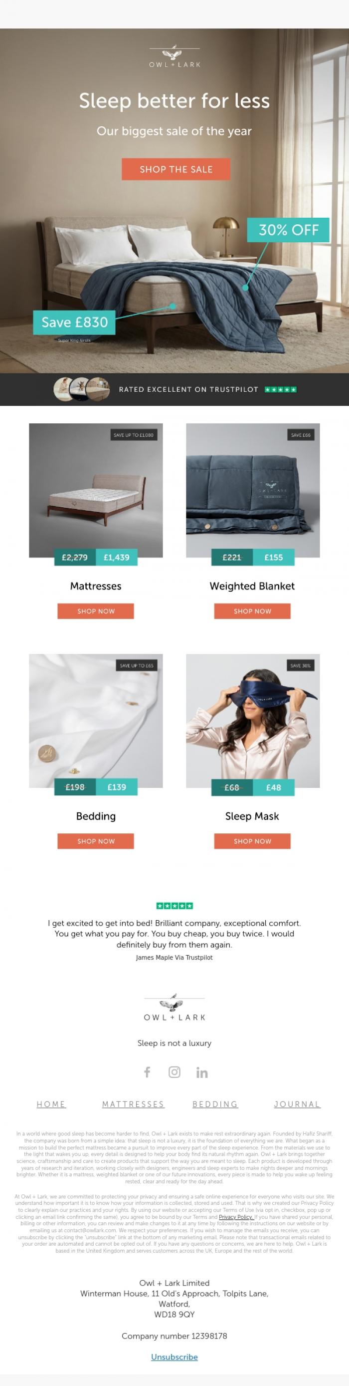 Email Design Inspiration from Owl + Lark, Sleep better for less 🖤 Black Friday Sale