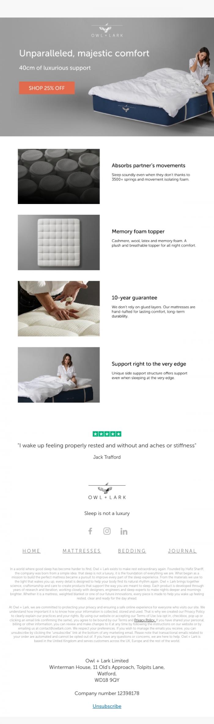 Email Design Inspiration from Owl + Lark, 40cm of luxurious support