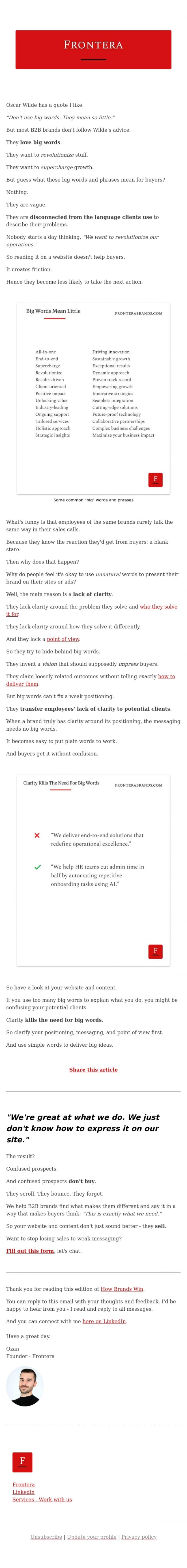 Email Design Inspiration from Ozan from Frontera, &diams;️ Why big words mean so little in brand messaging
