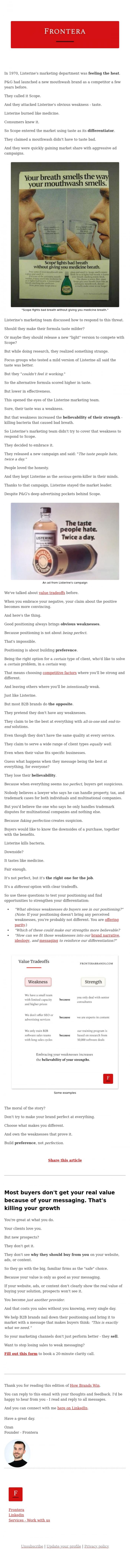 Email Design Inspiration from Ozan from Frontera, &diams;️ Why a winning brand positioning demands weaknesses (and how to embrace them)