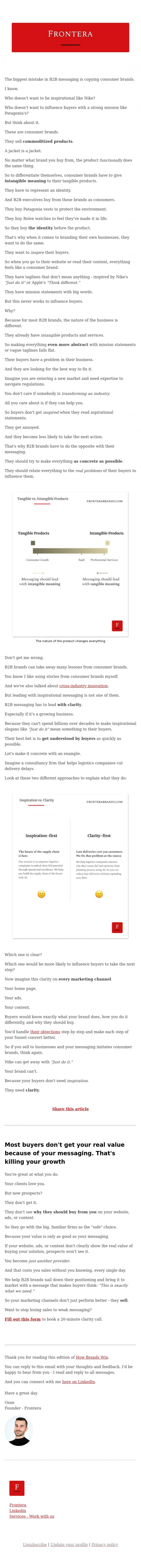 Email Design Inspiration from Ozan from Frontera, &diams;️ Why Nike can get away with 'Just Do It' and your B2B brand can't
