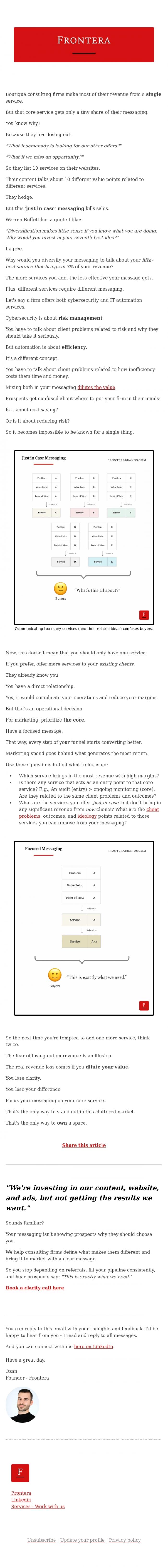 Email Design Inspiration from Ozan from Frontera, &diams;️ Why marketing 10 services hurts your sales (and how to prioritize one)