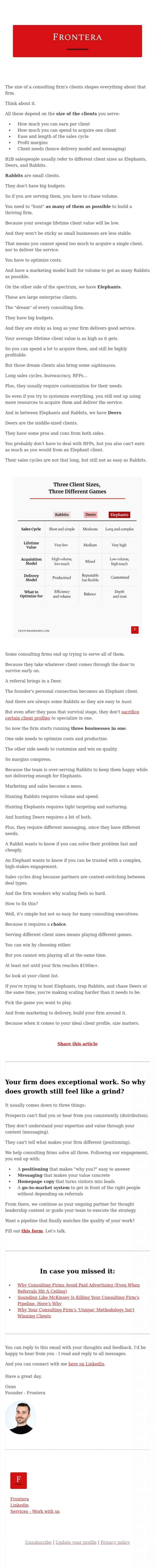 Email Design Inspiration from Ozan from Frontera, &diams;️ Why consulting firms can't scale while chasing every client size