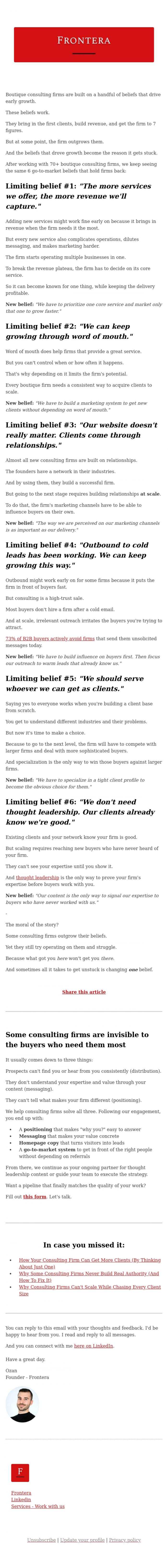 Email Design Inspiration from Ozan from Frontera, &diams;️ 6 beliefs that grow consulting firms to 7-Figures (but get them stuck there forever)