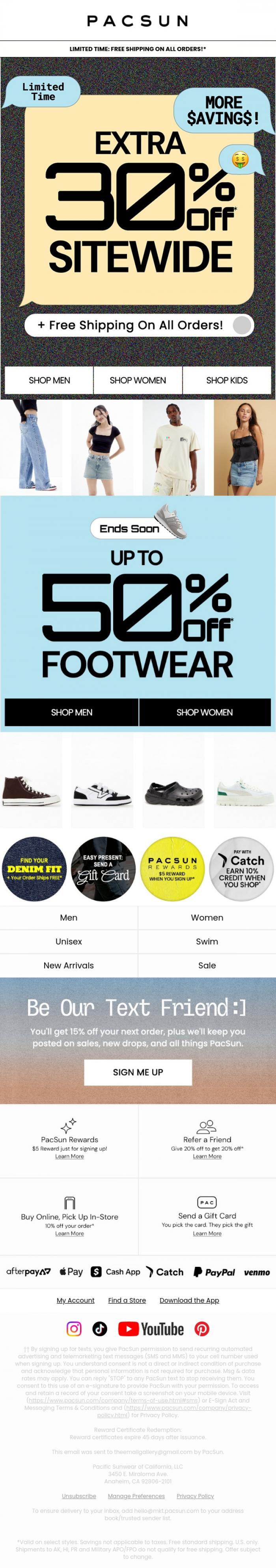 Email Design Inspiration from PacSun, Up To 50% Off Footwear & FREE Ship Ends Soon ⏱