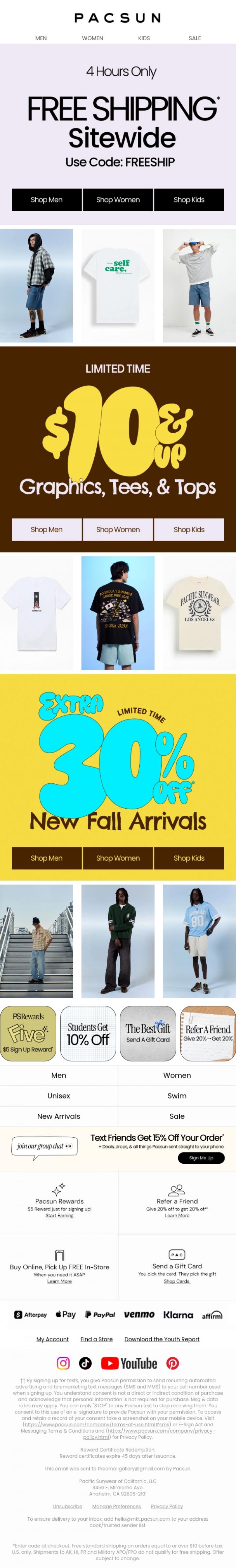 Email Design Inspiration from PacSun, FREE Ship* Sitewide ⏰ 4 HRS ONLY!