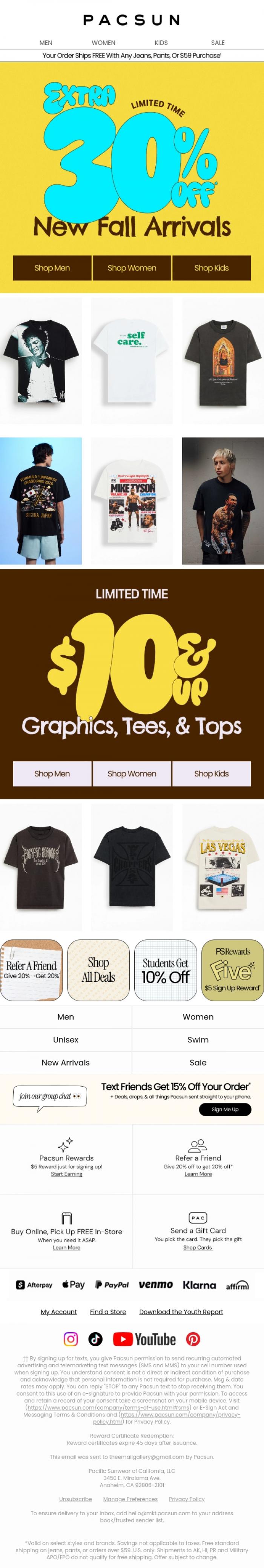 Email Design Inspiration from PacSun, Stock Up! $10+ Tops & Extra 30% Off New Styles