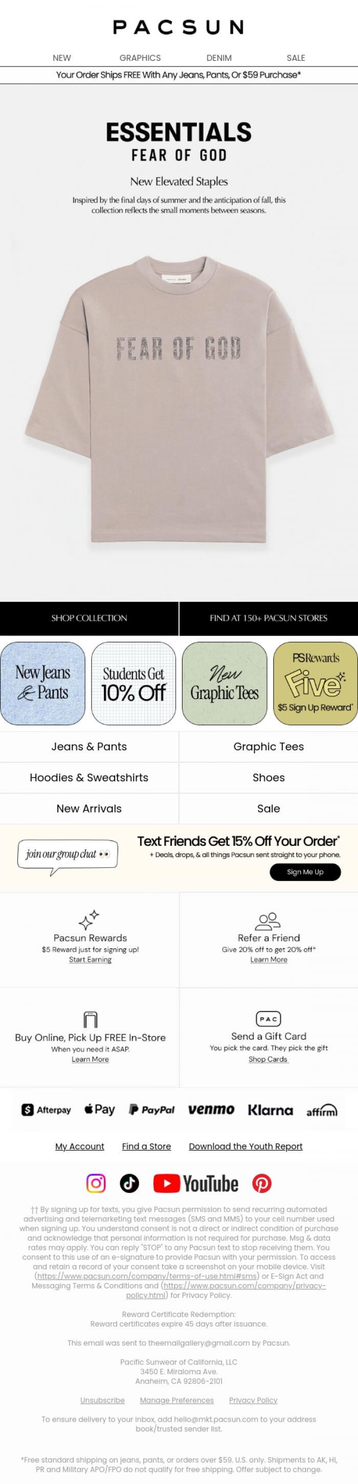 Email Design Inspiration from PacSun, New Fear of God ESSENTIALS Elevated Staples