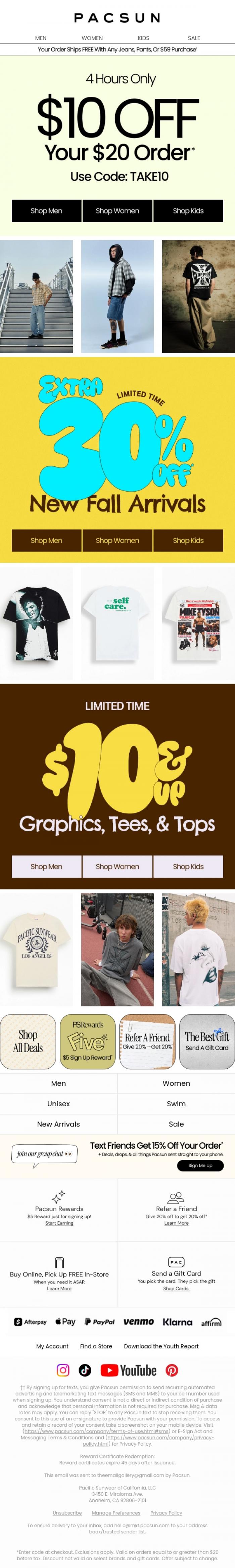 Email Design Inspiration from PacSun, 4 HR DEAL! $10 Off Your $20 Order* ⏱️