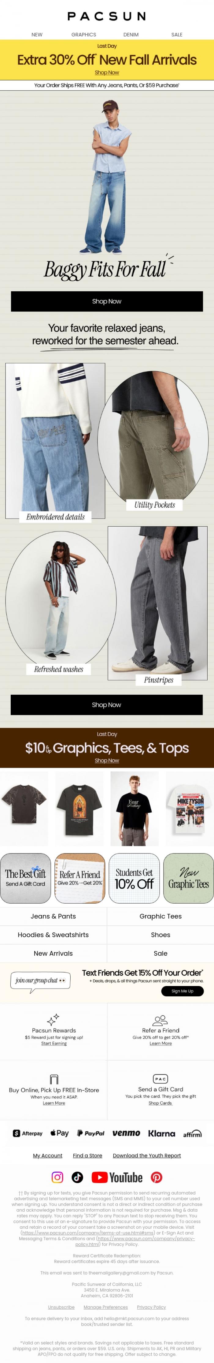 Email Design Inspiration from PacSun, (Extra 30% off) Baggy fits for fall👖