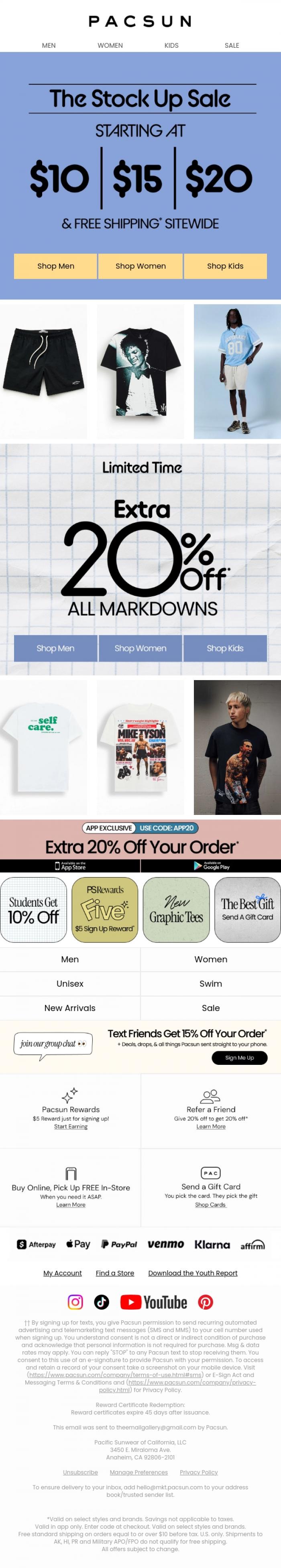Email Design Inspiration from PacSun, The Stock 🆙 Sale: Starting at $10 | $15 | $20