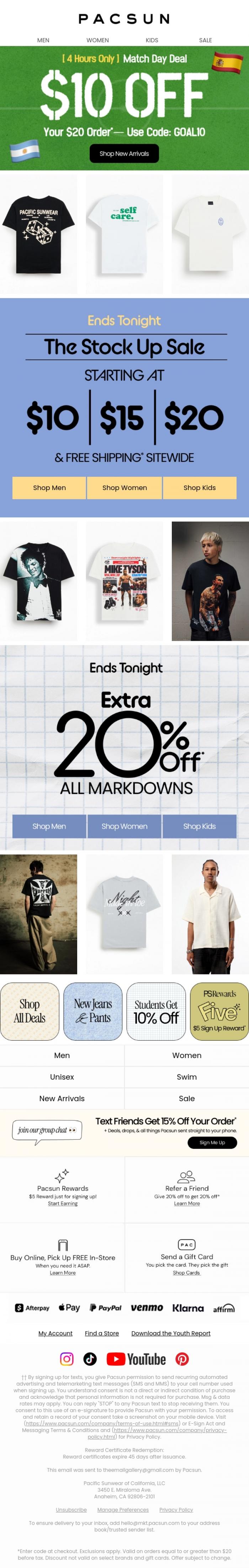 Email Design Inspiration from PacSun, 4 HRS ONLY! $10 Off $20* Match Day Deal ⚽️