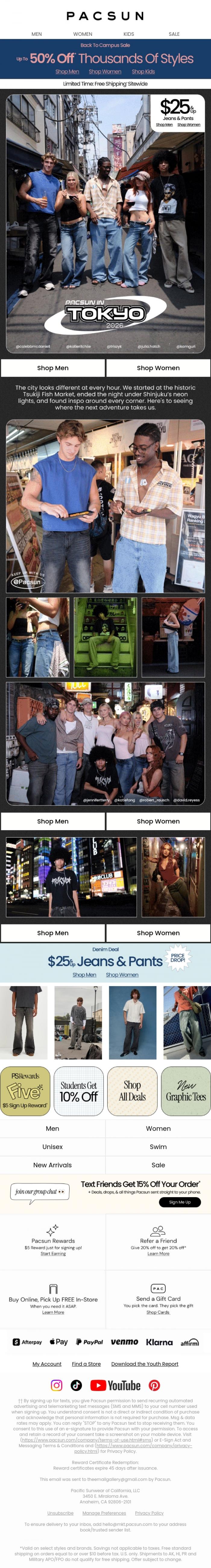 Email Design Inspiration from PacSun, Our denim's on Tokyo time 👖☀️🌙