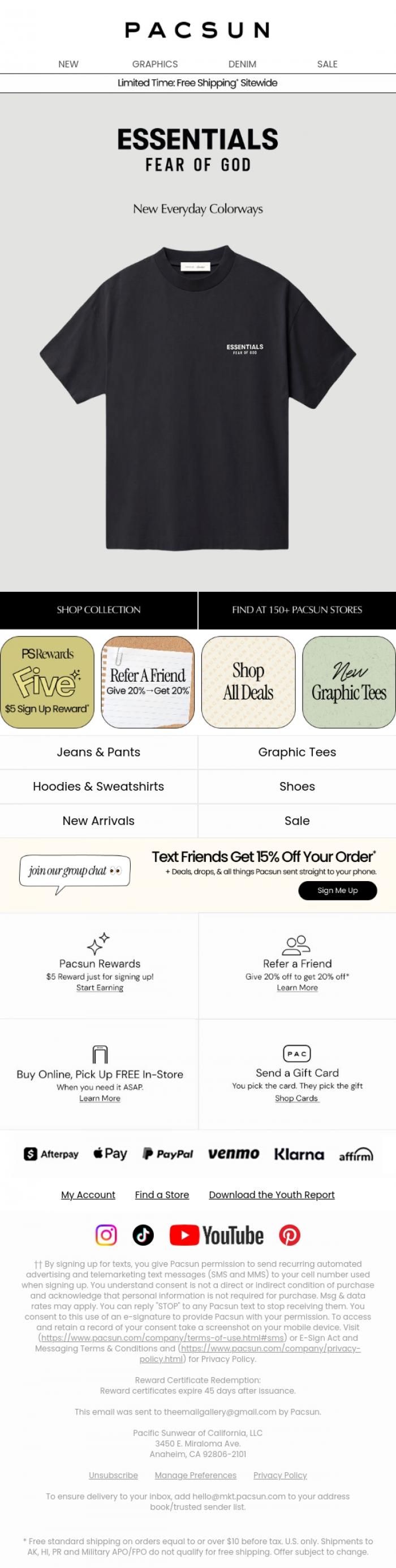 Email Design Inspiration from PacSun, Going Fast: New Fear of God ESSENTIALS (+ FREE Ship*)