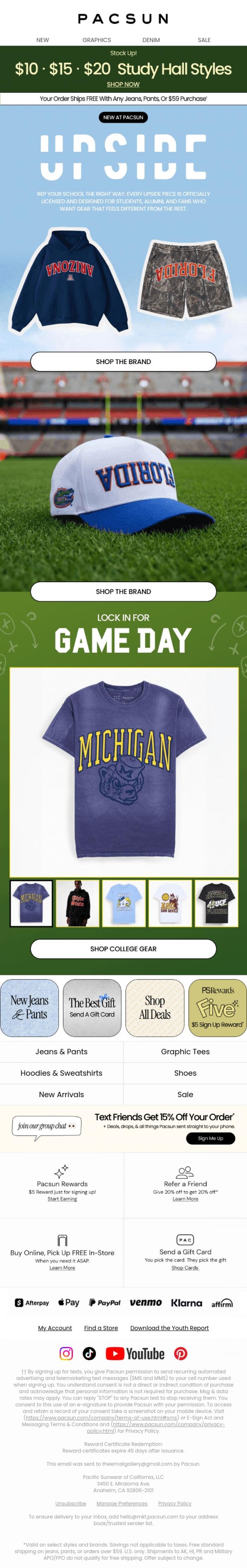 Email Design Inspiration from PacSun, New at Pacsun: UPSIDE College Team Gear 🏈
