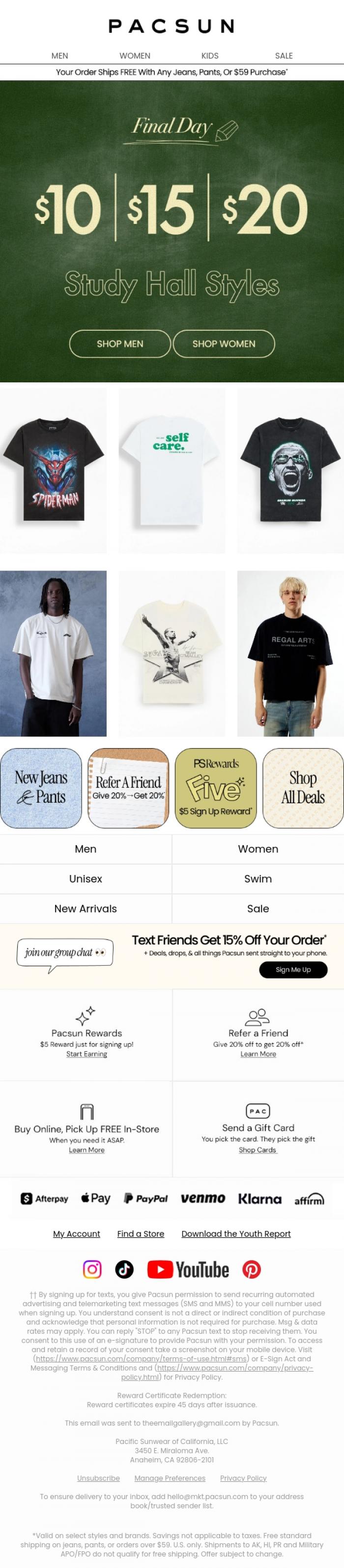 Email Design Inspiration from PacSun, FINAL DAY for $10 & up styles 🚨