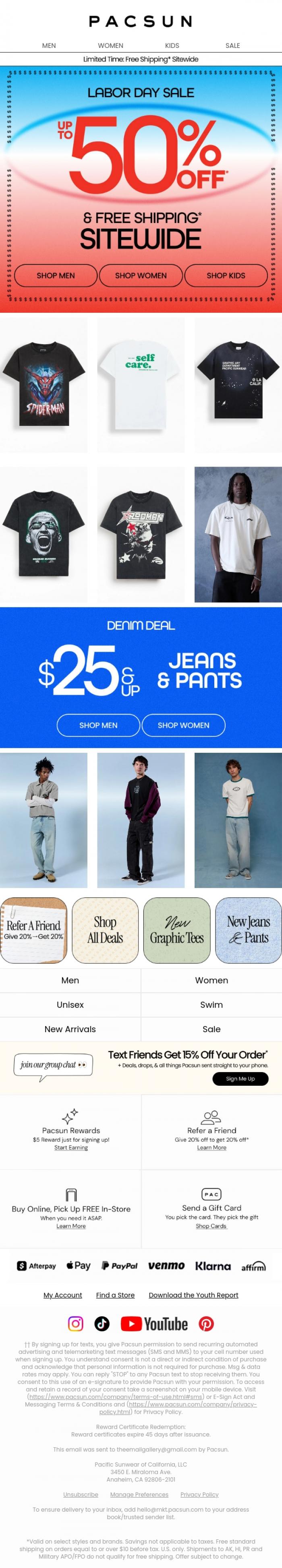 Email Design Inspiration from PacSun, Labor Day Sale: Up To 50% Off Sitewide Starts Now 🛍️