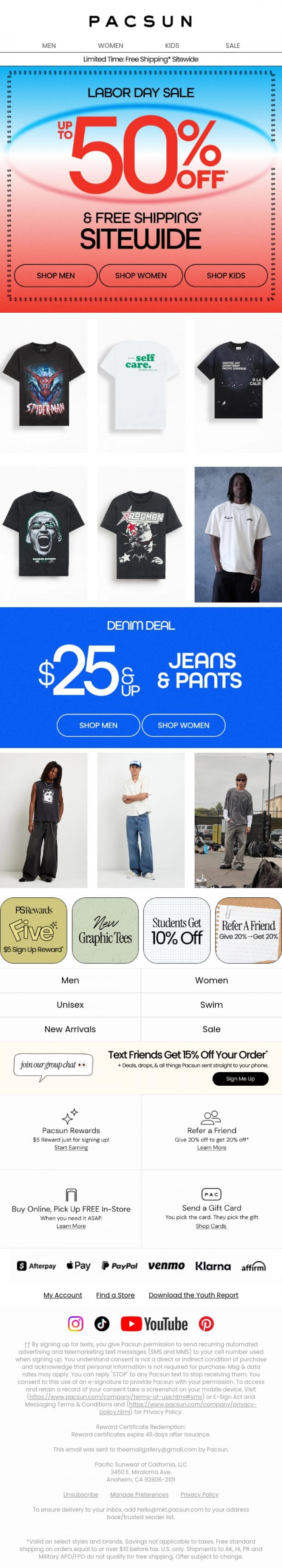 Email Design Inspiration from PacSun, Long wknd sale, but we started early 🤑