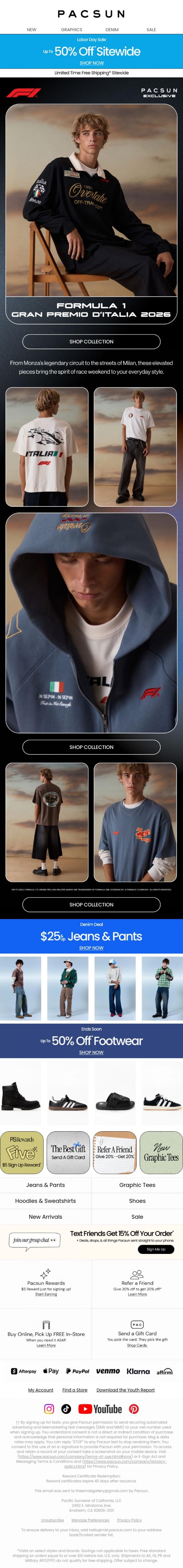 Email Design Inspiration from PacSun, New FORMULA 1 GRAN PREMIO D'ITALIA 2026 Collection